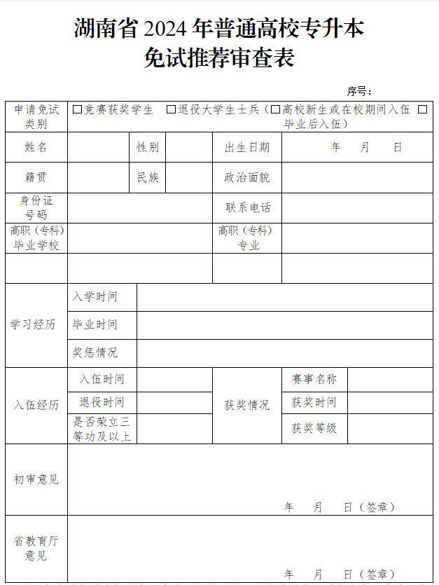 2024年湖南省普通高校专升本免试推荐审查表