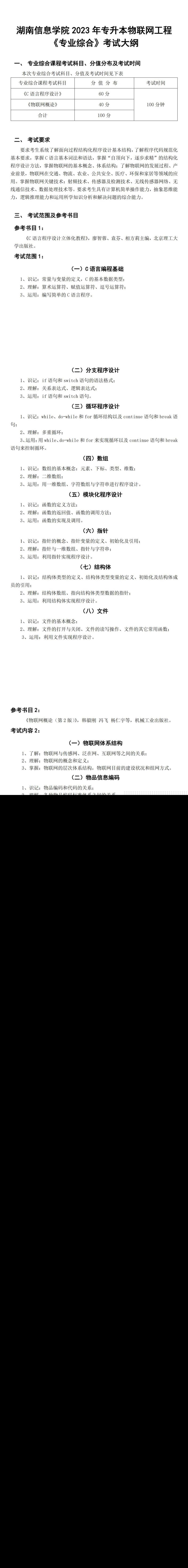 2023年湖南信息学院专升本物联网工程专业《专业综合》考试大纲(图1)