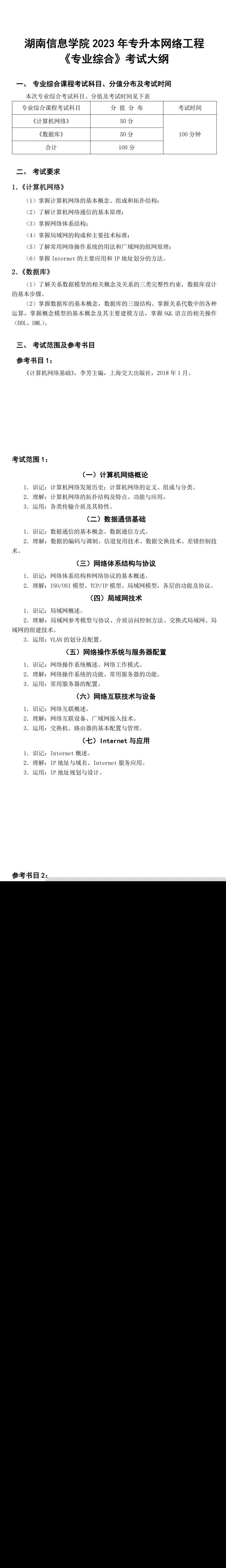 2023年湖南信息学院专升本网络工程专业《专业综合》考试大纲(图1)