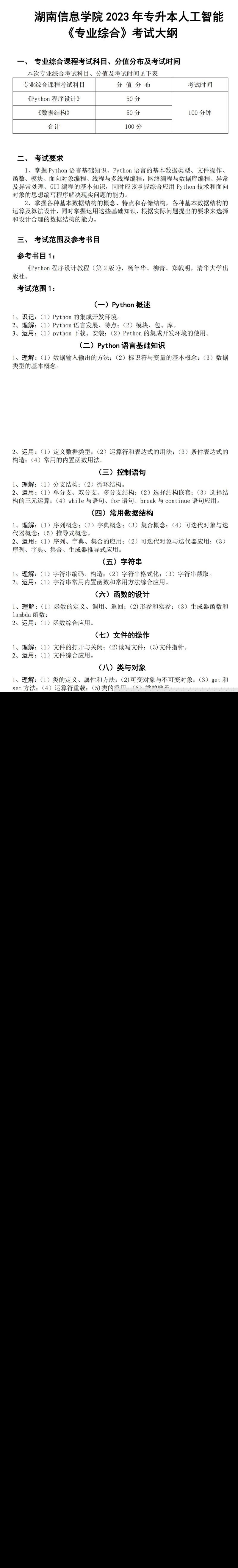 2023年湖南信息学院专升本人工智能专业《专业综合》考试大纲(图1)